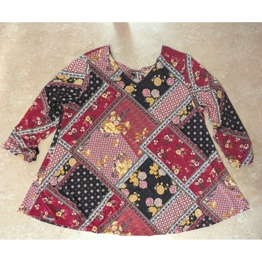 Boho Patchwork Floral Tunic Top Burgundy Mixed Print Flowy Blouse 1X - Picture 5 of 10
